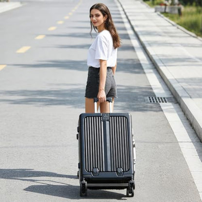 24 Inch Aluminum Frame Luggage with Front Pocket, Black - color: Black, size: 24 Inch