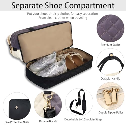Weekender Bag, Large Travel Duffel Bag for Women, Carry on Overnight Bag with Shoe Compartment and Toiletry Bags - color: E-3PCS Beige Grey Black