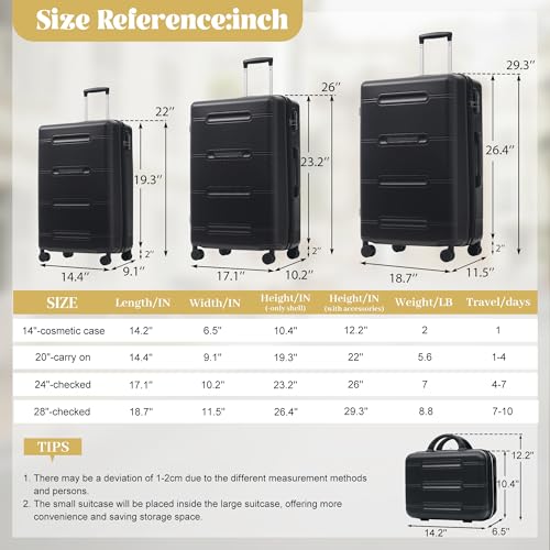 Merax 6 Piece Luggage Set,Hardshell Travel Suitcase Set,Black - color: Black, size: 6 Piece(20/24/28/DB/TB)