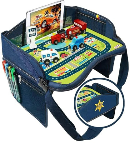 Coolmum 2-in-1 Kids Toddler Travel Tray & Back Seat Organizer — Foldable Waterproof Car Tray with Tablet Holder, Cup Holder, Storage Pockets for Road Trips & Airplane (Premium Blue) - color: Premium Blue