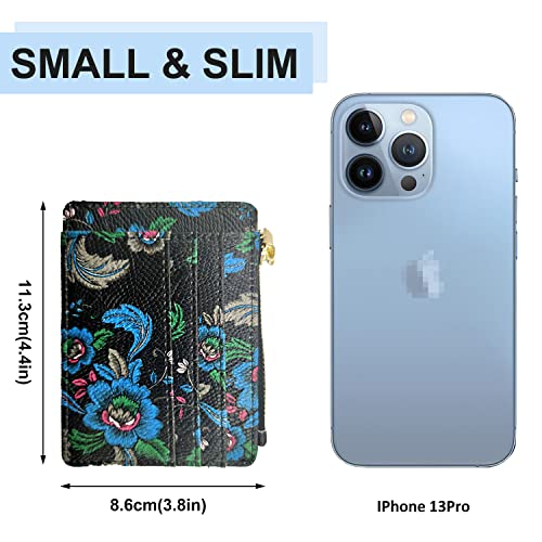woogwin Slim RFID Credit Card Holder for Women Mini Front Pocket Wallet Purse With Keychain - color: FlowerBlack