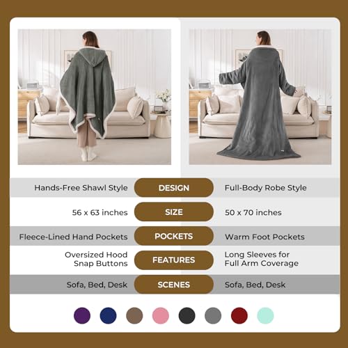 Wearable Heated Blanket with Foot Pocket & Sleeves, 50"x70", Light Grey - color: Light Grey, size: Long