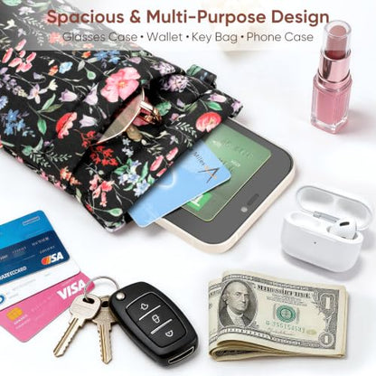 FINTIE Double Sunglasses Pouch with Strap, Squeeze Top Eyeglasses Case - color: Black Floral