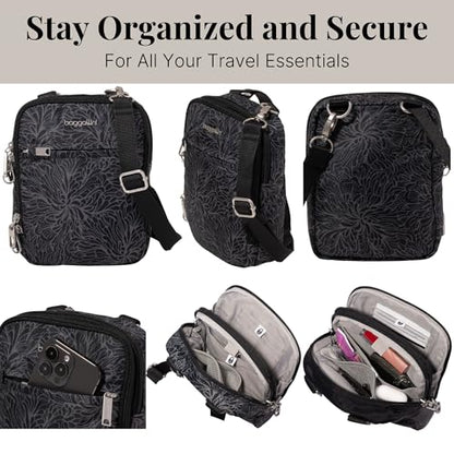 Baggallini Securtex® Anti-theft Mini Everything Crossbody Bag, 6.3"x8.25" Rfid, Locking Zippers & Cut-resistant Strap - color: Midnight Blossom Print