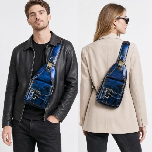 Genuine Leather Hiking Travel DayPack Sling Crossbody Triangle Chest Pack Bag For Men Women 8241 (D-8241 Blue) - color: D-8241 Blue