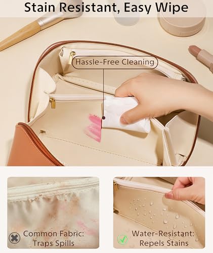 ALEXTINA Travel Makeup Bag, PU Leather Cosmetic Bag, Brown - color: smooth brown, size: Medium