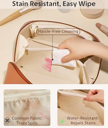 ALEXTINA Travel Makeup Bag, PU Leather Cosmetic Bag, Brown - color: smooth brown, size: Medium