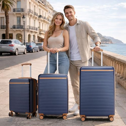 Kono Large Suitcase 28in Expandable ABS+PC 8pcs Silent Wheels Navy/Brown - color: Navy, size: Checked-Large 28-Inch