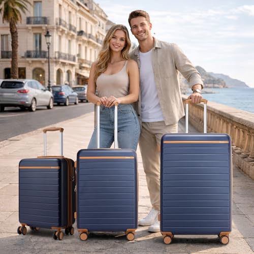 Kono Large Suitcase 28in Expandable ABS+PC 8pcs Silent Wheels Navy/Brown - color: Navy, size: Checked-Large 28-Inch