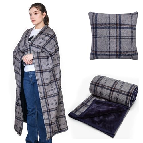 forestfish Wearable Blanket Compact Pillow 2-in-1, Lap Blanket Poncho with Button Plaid Throw Cushion for Home Office Sofa - color: Smoke Gray