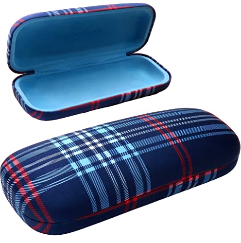 MyEyeglassCase Women's Hard Eyeglass Case | Protective Hard Shell Glasses Case with Pouch and Cloth - color: Plaid Red & Blue
