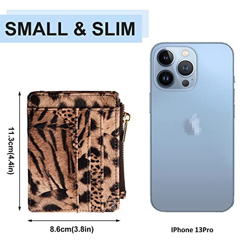 woogwin Slim RFID Credit Card Holder for Women Mini Front Pocket Wallet Purse With Keychain - color: Leopard