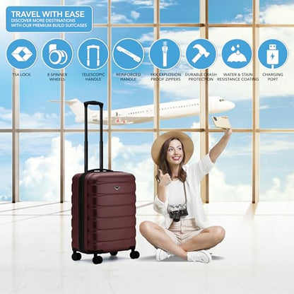 Flight Knight 24x16x10 Expandable Carry On Suitcase Hardside TSA Lock USB C Lightweight Luggage Silent Double Spinner Wheels Maximum Overhead Carry-On Bag For Virgin South West Approved Burgundy - color: Burgundy, size: 24x16x10"