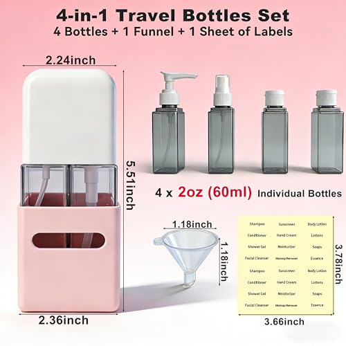 4-in-1 Refillable Cosmetic Containers, TSA Approved Travel Toiletry Kit - color: Light Pink