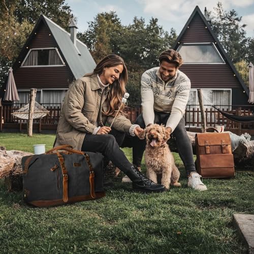 Duffle Bag for Men Travel Leather Canvas Weekender Bag Overnight Bag with Toiletry Bag (Black) - color: Black