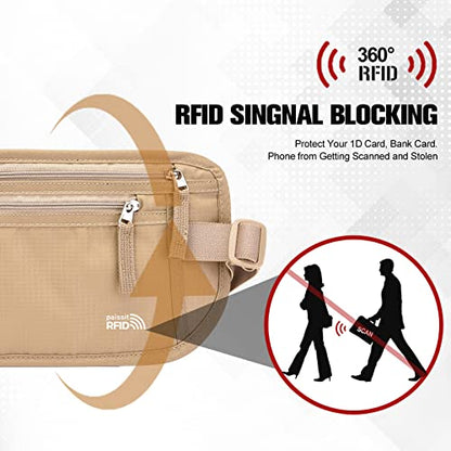 Unisex Money Belt with RFID Blocking Sleeves, Slim Passport Holder RFID Blocking Travel Essentials, Waist Pouch to Protect Cash, Beige & 6 Sleeves - color: Beige & 6 Sleeves, size: Medium