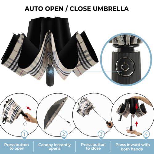 ZDSSM Inverted Umbrella for Rain, Compact Windproof Auto Open Close - color: 옐로우 플레이드