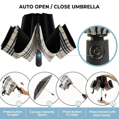 ZDSSM Inverted Umbrella for Rain, Compact Windproof Auto Open Close - color: 옐로우 플레이드