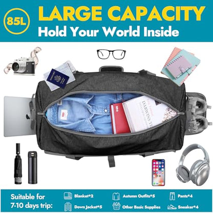 Canway 85L Travel Duffel Bag, Foldable Weekender Bag with Shoes Compartment for Men Women Water-proof & Tear Resistant (Panther Black, 85L) - color: Panther Black, size: 85L