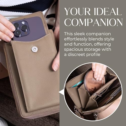 BULL GUARD Crossbody Bag for Women, Leather Phone Wallet Purse with Adjustable Anti Theft Strap & RFID Blocking 12 Card Slots - color: Xtraroom in Soft Grey Whisper Frappe