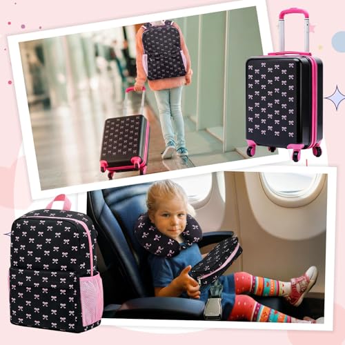Redbaker 6 Pcs Kids Luggage Set, 17 Inch, Pink and Black Bow | Rolling Suitcase with Backpack Lunch Bag Neck Pillow, Travel Set for Summer Vacation, Sleepover, Back to School Gift - color: Pink and Black