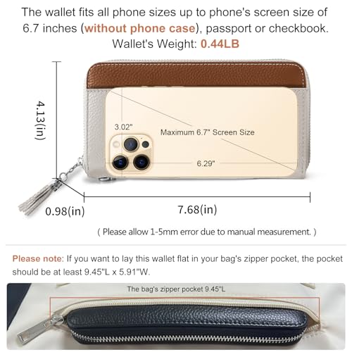 Moflycom Womens Wallet RFID Blocking Genuine Leather Zip Clutch Wristlet - color: Z2 Brown1/Beige1