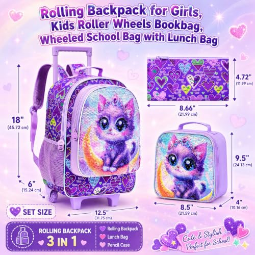KLFVB Rolling Backpack for Girls Boys, Kids Roller Wheels School Bookbag with Lunch Bag, Wheeled School Bag for Children - color: Reversible Sequins Moon Cat Rolling Backpack Set