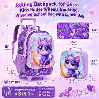 KLFVB Rolling Backpack for Girls Boys, Kids Roller Wheels School Bookbag with Lunch Bag, Wheeled School Bag for Children - color: Reversible Sequins Moon Cat Rolling Backpack Set
