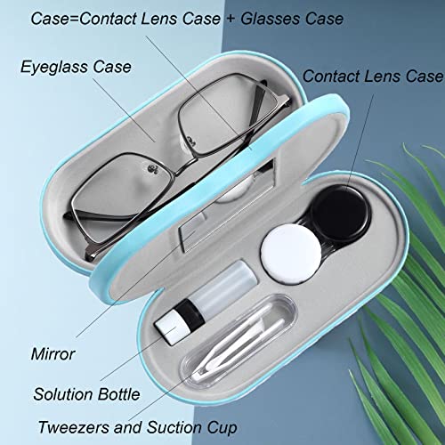 AITIME 2 in 1 Contact Lens and Glasses Case Combo,Contact Travel Case Kit | Double Sided Eye Contact Case with Remover Tool,Storage Organizer Accessories,Cute Eyeglasses Case with Contact Holder - color: Light Blue