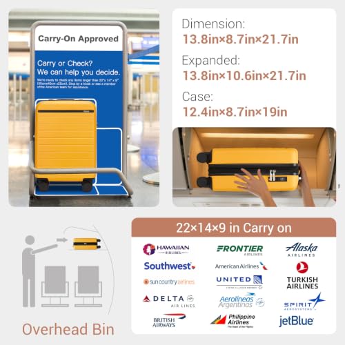 Kono Carry-On Suitcase 20in Expandable ABS+PC Airline Approved Yellow - color: Yellow, size: Carry-On 20-Inch
