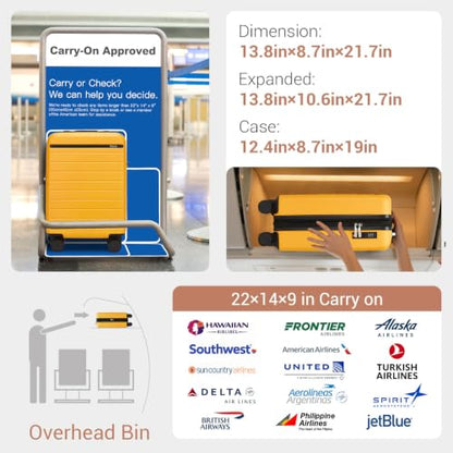 Kono Carry-On Suitcase 20in Expandable ABS+PC Airline Approved Yellow - color: Yellow, size: Carry-On 20-Inch