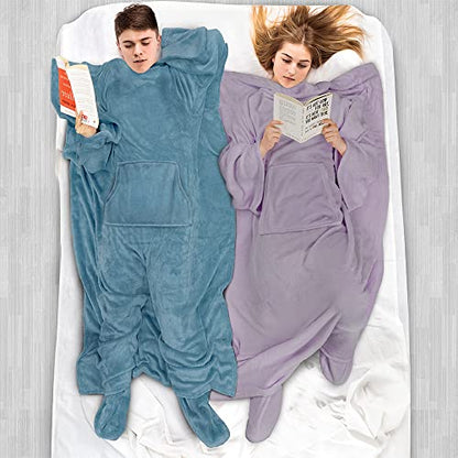 PAVILIA Fleece Blanket with Sleeves, Foot Pockets for Women Men, Dusty Blue - color: Dusty Blue, size: Fleece
