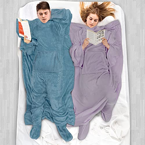 PAVILIA Fleece Blanket with Sleeves, Foot Pockets for Women Men, Dusty Blue - color: Dusty Blue, size: Fleece