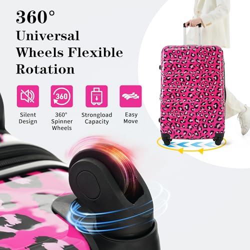 Merax Suitcase Set, Hardshell Luggage Sets 3 Piece with Spinner Wheels - color: Hot Pink Leopard