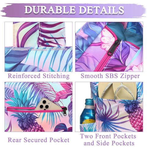 VASCHY Beach Tote Bag for Women, Lightweight Water Resistant Fold-able Large Pool Tote Bag w Zipper for Vocation - color: Purple Pineapple