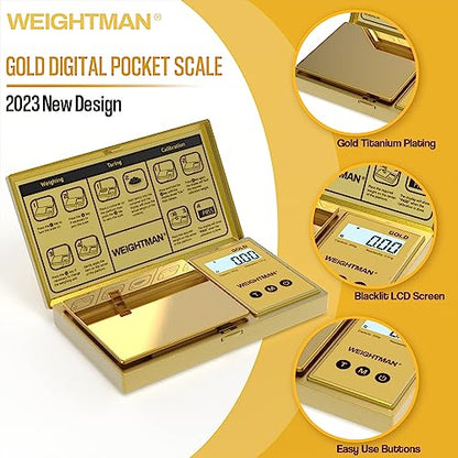 WEIGHTMAN Digital Scale Gram, 200g/0.01g Pocket Scale Gold Titanium Plating - color: Gold