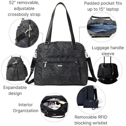 Baggallini Overnight Expandable Laptop Tote with RFID Phone Wristlet - color: Midnight Blossom