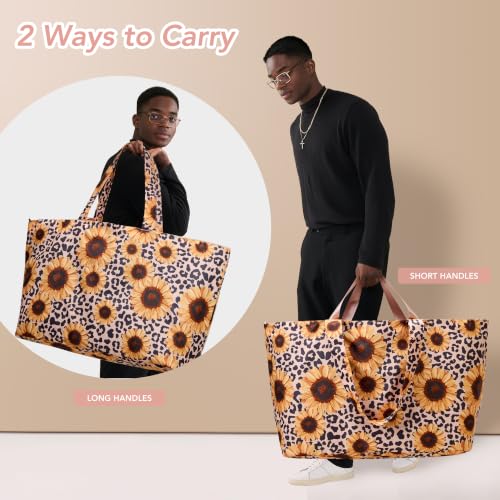 KALIDI 60L Extra Large Beach Tote Oversized Bag Zipper Utility Weekender - color: Sunflower Leopard
