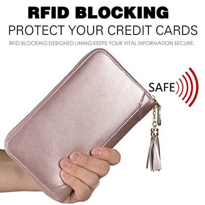 Easyoulife Credit Card Holder Wallet Womens Zipper Leather Case Purse RFID Blocking - color: Rose Gold