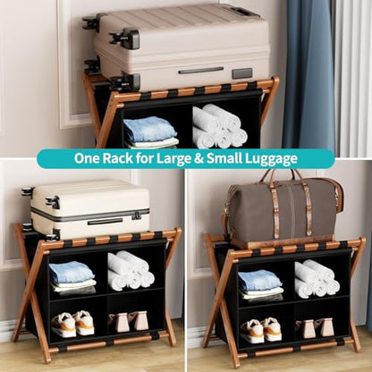 Bamboo Luggage Rack with 4 Storage Compartments, Foldable Suitcase Stand for Guest Room, 150lbs Capacity, Sturdy, Space-Saving and Easy to Assemble Organizer - color: Walnut 1 Pcs