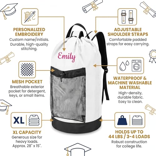 Personalized Laundry Bag Heavy Duty Custom Graduation University XL Bag Backpack with Hanging Shoulder Strap & Mesh Pocket - Back to School College Graduation Gift - Choose Your Font & Thread Color - color: White