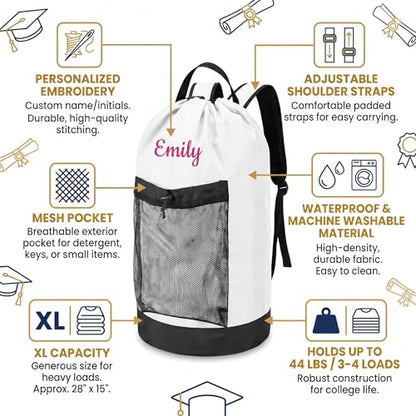 Personalized Laundry Bag Heavy Duty Custom Graduation University XL Bag Backpack with Hanging Shoulder Strap & Mesh Pocket - Back to School College Graduation Gift - Choose Your Font & Thread Color - color: White