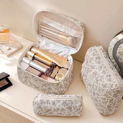 HBselect Quilted Makeup Bag, 3Pcs Cotton Large Travel Makeup Bags Organizer - color: A-3PCS-Floral 23