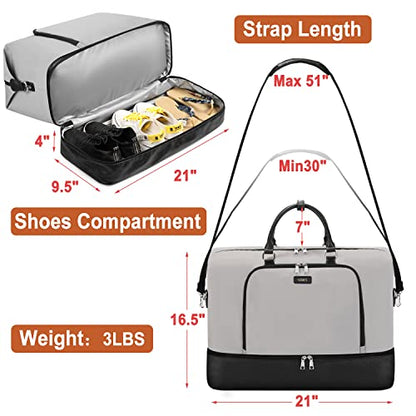 TIBES Travel Weekender Bag for Women, Overnight Bag with Shoe Compartment - color: B-Grey