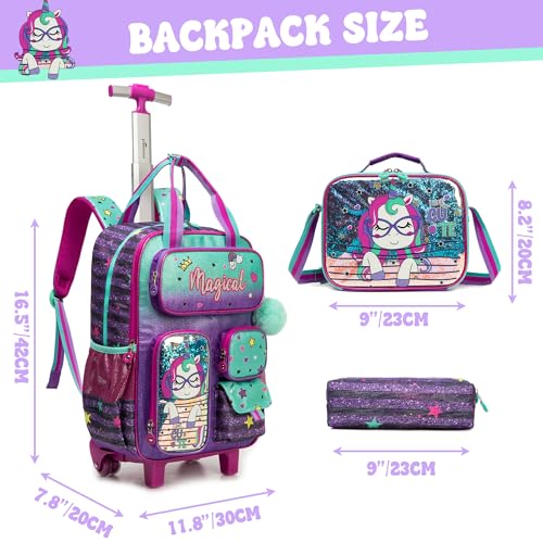 Unicorn Rolling Backpack for Girls, Wheels Backpacks for Elementary Student, Kids Wheeled Trolley Trip Luggage with Adjustable Handle