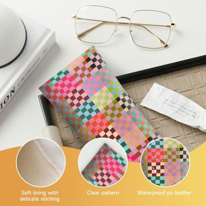Soft Sunglasses Case for Women, PU Leather Squeeze Top Glasses Case - color: 8-colorful Checkered(2pcs)