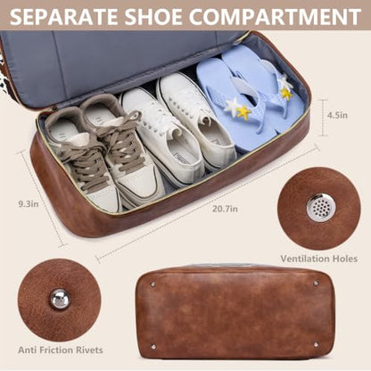 Large Women Travel Weekender Bag: Carry on Duffle with Shoe Compartment - color: Brown Cow Print