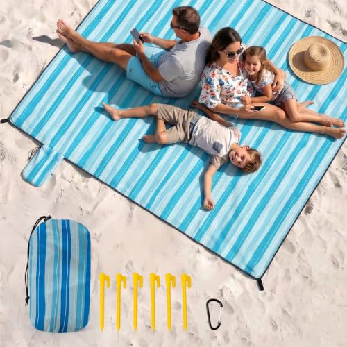OIGAE Beach Blanket Waterproof Sandproof Oversized Beach Mat - color: Blue Wave Stripes, size: 7x8 Ft (2～5 person)
