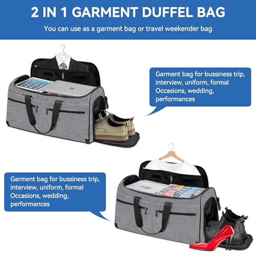 Carry on Garment Bag for Travel, Bukere Convertible Travel Duffel Suit with Shoe Compartment, Detachable Shoulder Strap, 2 in 1 Weekender Men Women - color: Grey