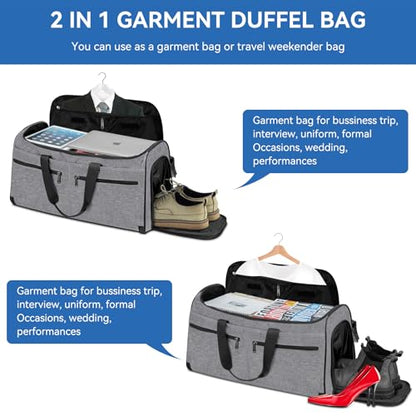 Carry on Garment Bag for Travel, Bukere Convertible Travel Duffel Suit with Shoe Compartment, Detachable Shoulder Strap, 2 in 1 Weekender Men Women - color: Grey